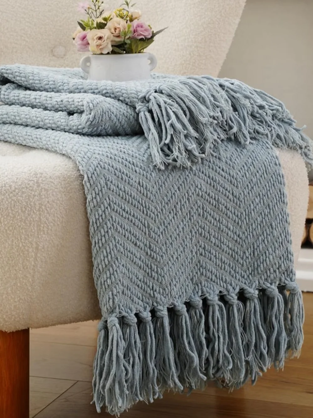 Cozy Textured Throw Blanket - Light Blue Chenille with Fringe 60 X 80
